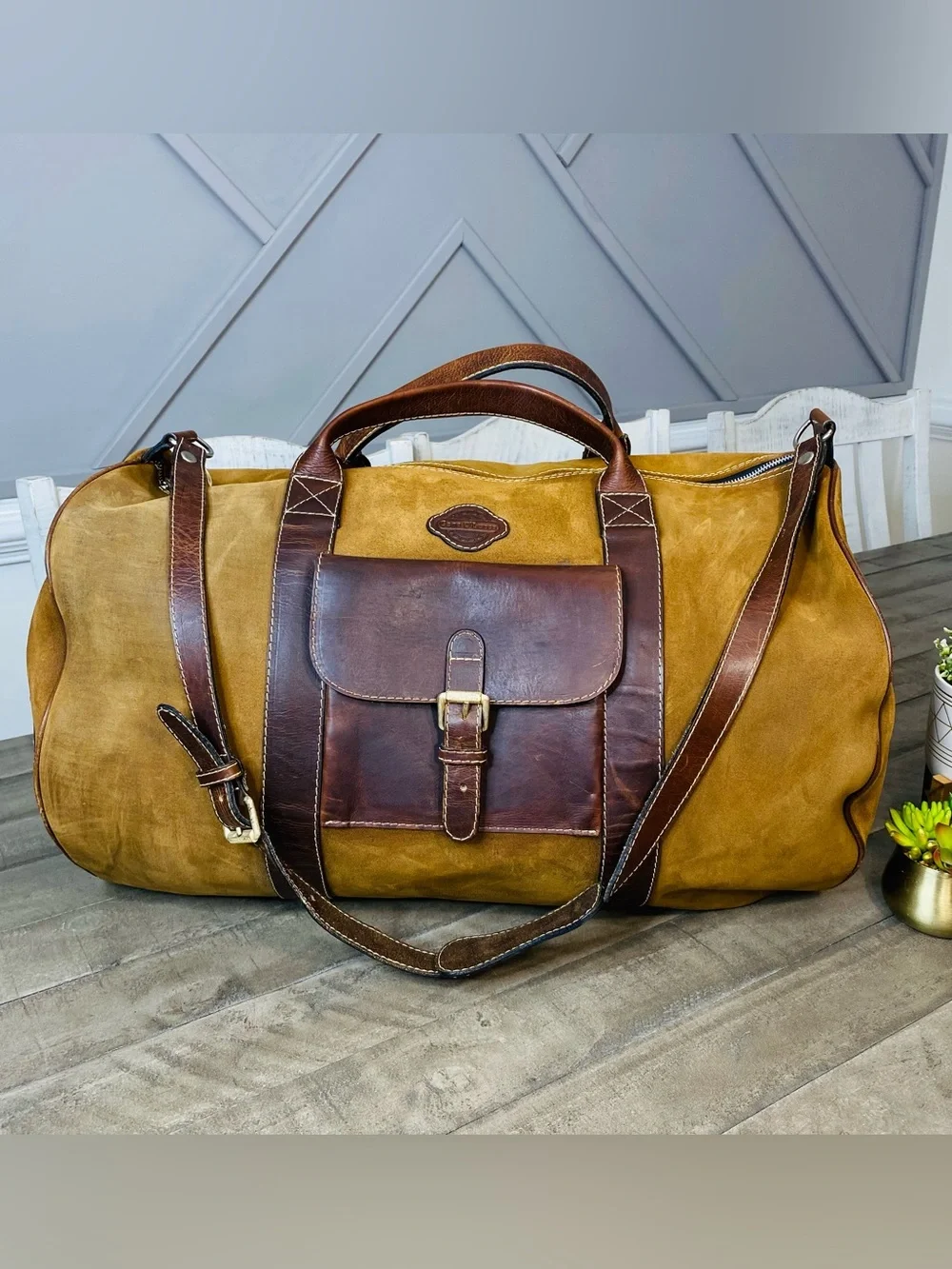 VTG Geno D'Lucca Large Suede Leather Duffle Bag Travel Weekender Luggage Brown